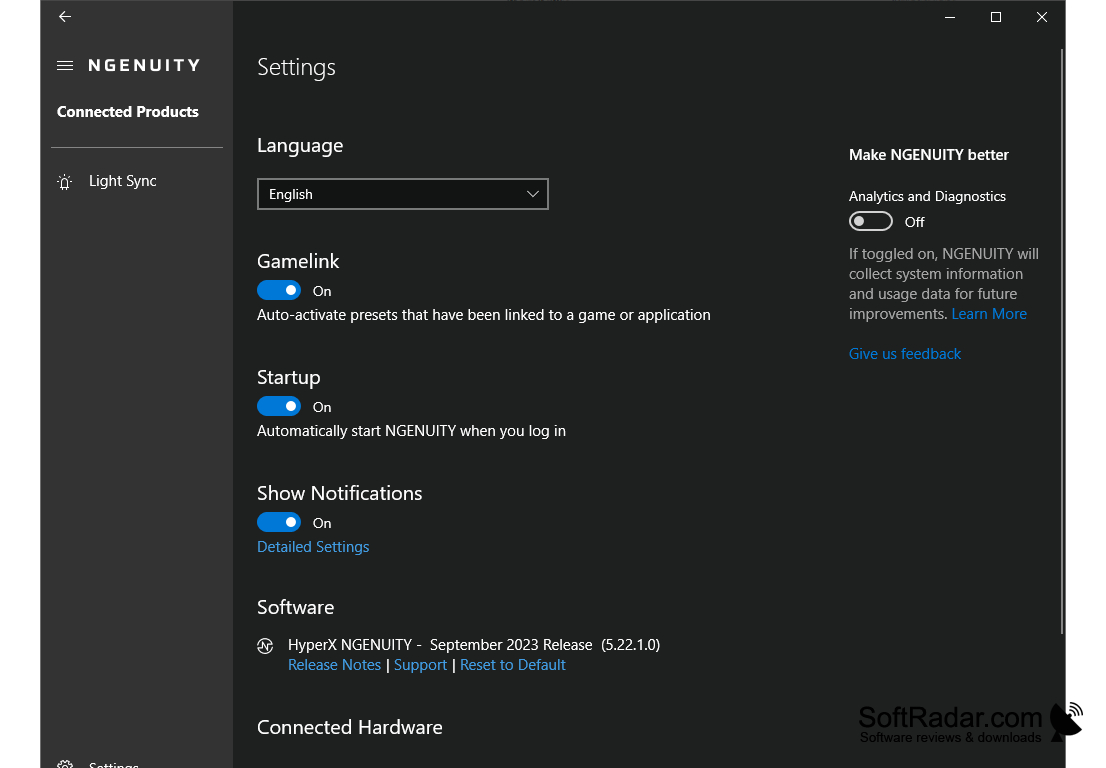 HyperX NGENUITY application settings panel